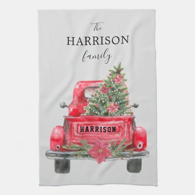 Family Name Red Truck Christmas Tree Holiday Kitch Kitchen Towel (Vertical)