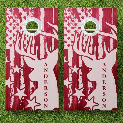 Family Name Red Wood Deer Buck American Flag Cornhole Set