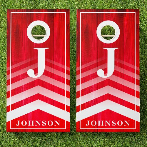 Family Name Red Wood Faded Chevron Monogram Cornhole Set