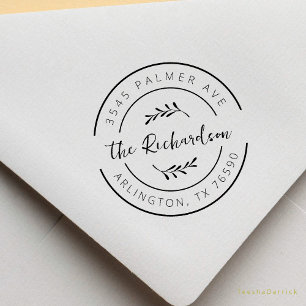 Family Name Return Address Botanical Round Logo Rubber Stamp