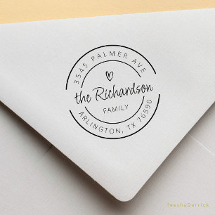 Family Name Return Address Cute Heart Round Logo Rubber Stamp
