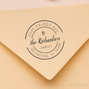 Family Name Return Address Cute Heart Round Logo Rubber Stamp
