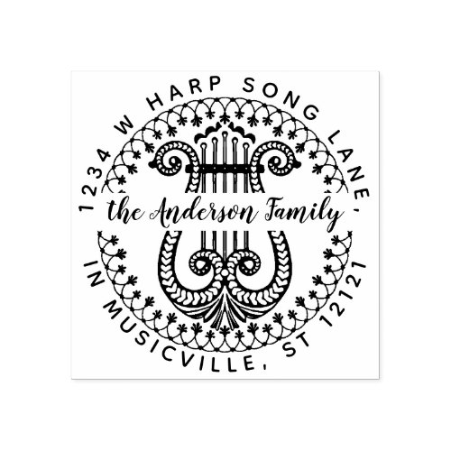 Family Name Return Address  Elegant Ornate Harp Rubber Stamp