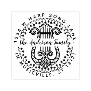 Family Name Return Address Elegant Ornate Harp Self-inking Stamp