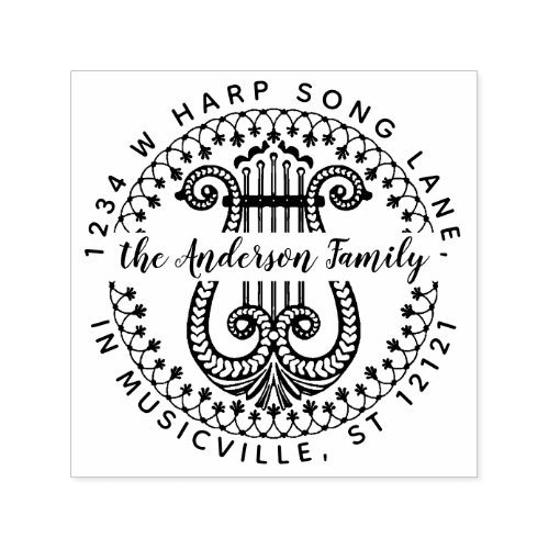 Family Name Return Address  Elegant Ornate Harp Self_inking Stamp