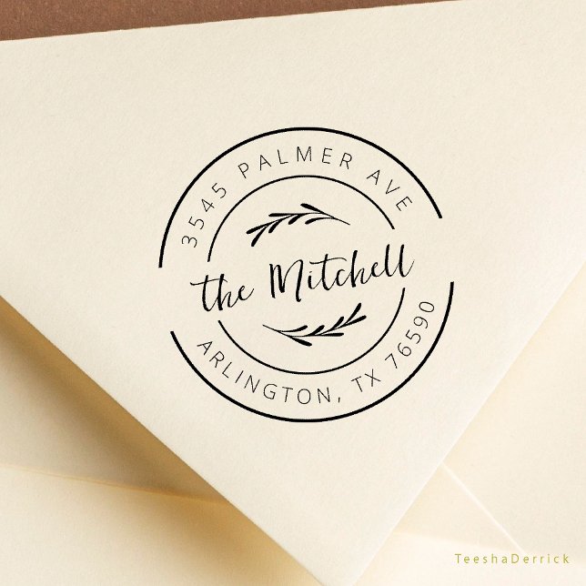 Family Name Return Address Eucalyptus Round Logo Rubber Stamp (Modern Rustic Family Name Return Address Botanical Round Logo Rubber Stamp Season Greeting Christmas)