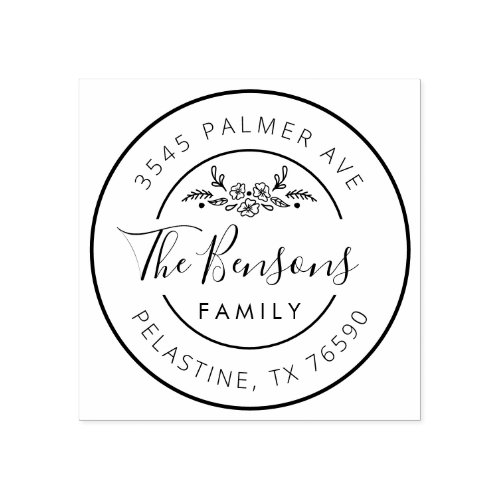 Family Name Return Address round logo Botanical Rubber Stamp
