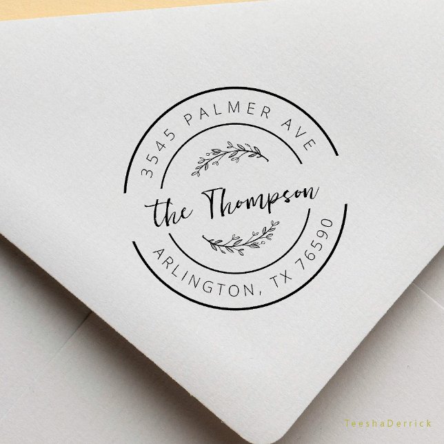 Family Name Return Address Vines Round Logo Rubber Stamp (Modern Rustic Family Name Return Address Botanical Round Logo Rubber Stamp Season Greeting Christmas)