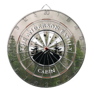 Family Name Rustic Cabin Foggy Forest Dart Board
