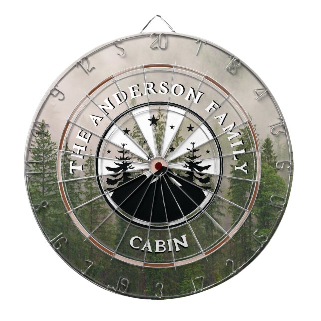 Family Name Rustic Cabin Foggy Forest Dart Board (Front)
