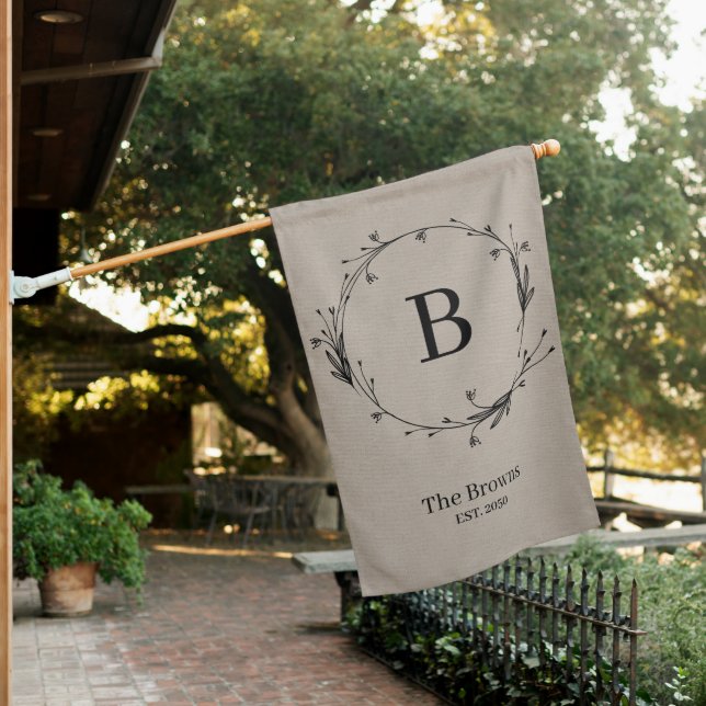 Family Name Rustic Elegant Monogram Linen Look House Flag (In SItu)