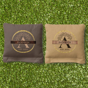 Family Name Rustic Farmhouse Monogram Floral Gold Cornhole Bags