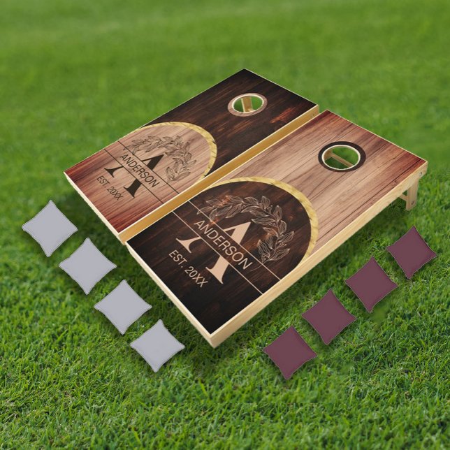 Family Name Rustic Farmhouse Wood Monogrammed Gold Cornhole Set (Family Name Rustic Farmhouse Wood Monogrammed Gold Cornhole Set)