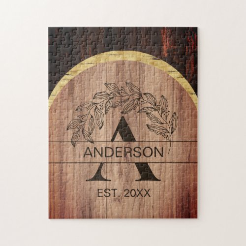 Family Name Rustic Farmhouse Wood Monogrammed Gold Jigsaw Puzzle