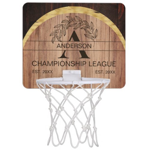 Family Name Rustic Farmhouse Wood Monogrammed Gold Mini Basketball Hoop