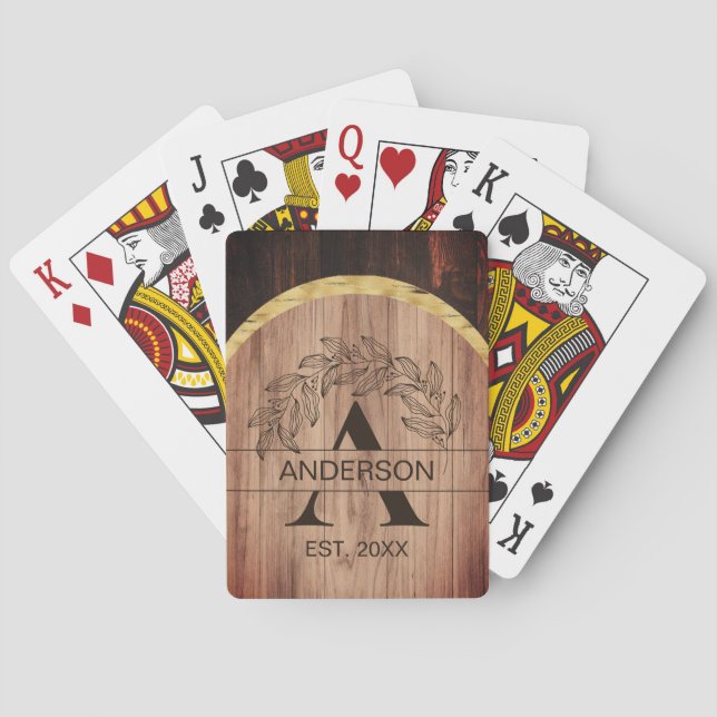 Family Name Rustic Farmhouse Wood Monogrammed Gold Poker Cards (Back)