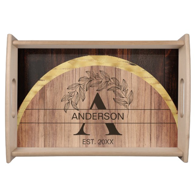Family Name Rustic Farmhouse Wood Monogrammed Gold Serving Tray (Front)