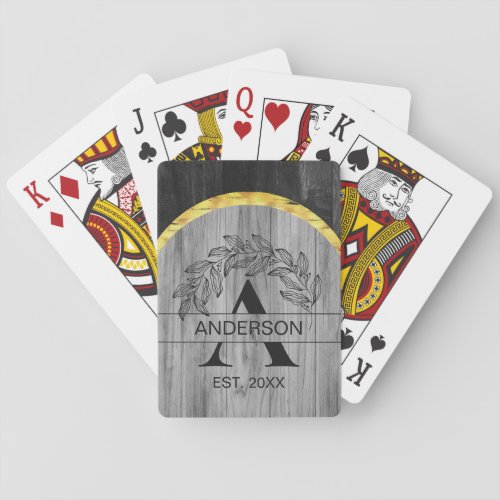 Family Name Rustic Gray Wood Monogram Gold Poker Cards