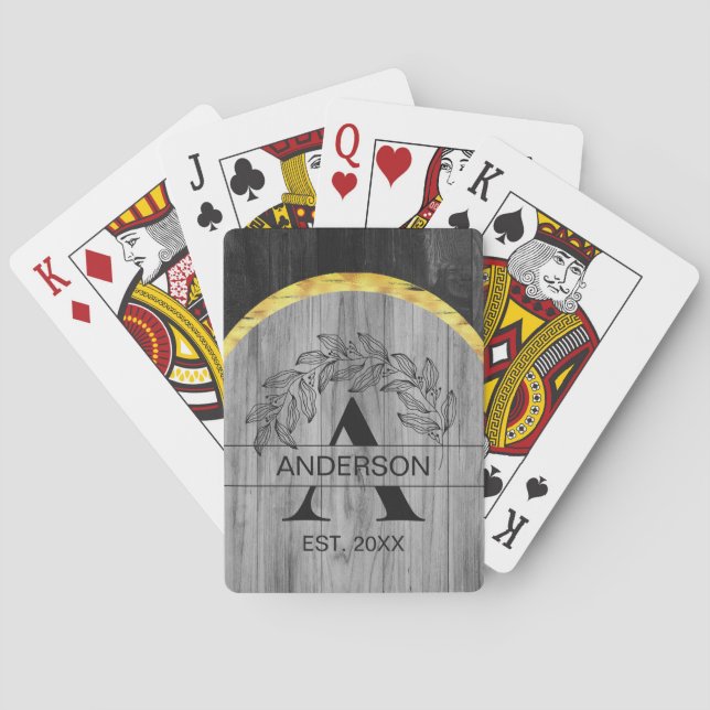 Family Name Rustic Gray Wood Monogram Gold Poker Cards (Back)