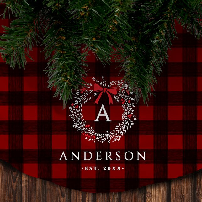 Family Name Rustic Holiday Wreath Buffalo Plaid Brushed Polyester Tree Skirt (Creator Uploaded)