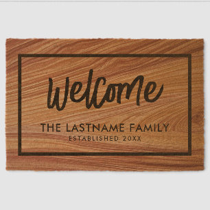 Family Name - Rustic Modern Wood Print Fiber Doormat