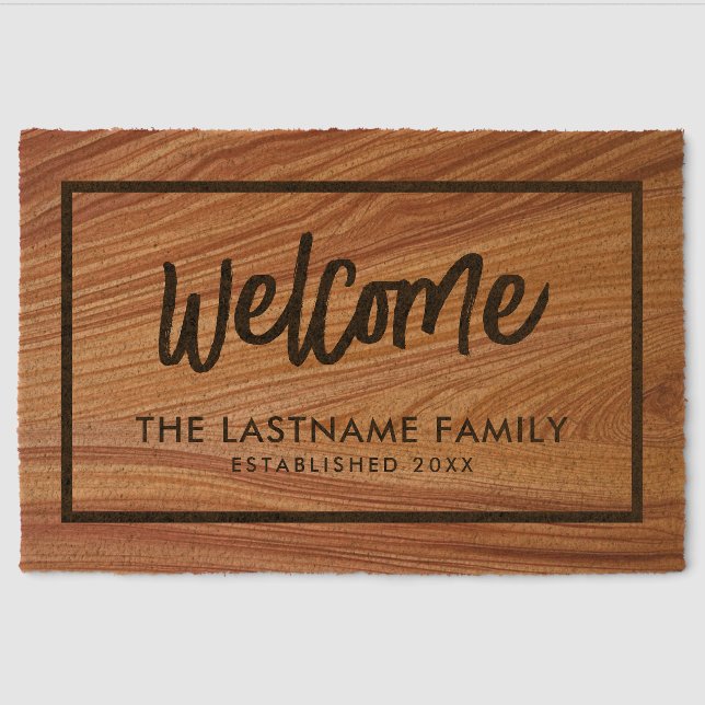 Family Name - Rustic Modern Wood Print Fiber Doormat (Front)
