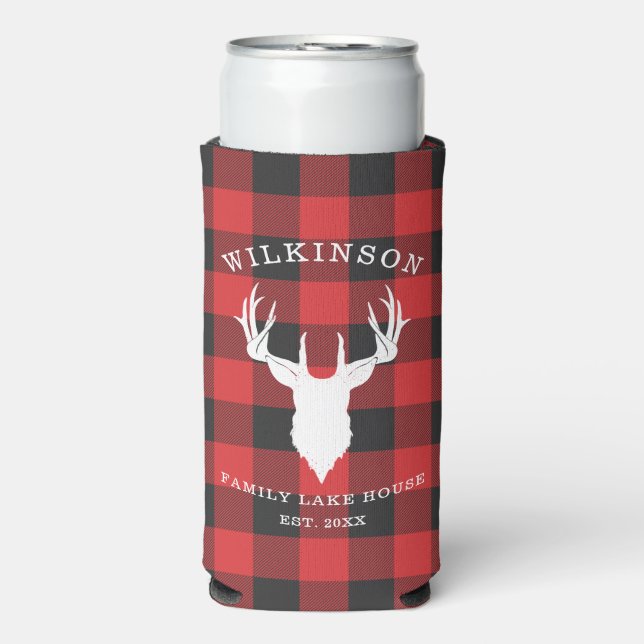 Family Name Rustic Plaid Lake House Seltzer Can Cooler (Seltzer Front)