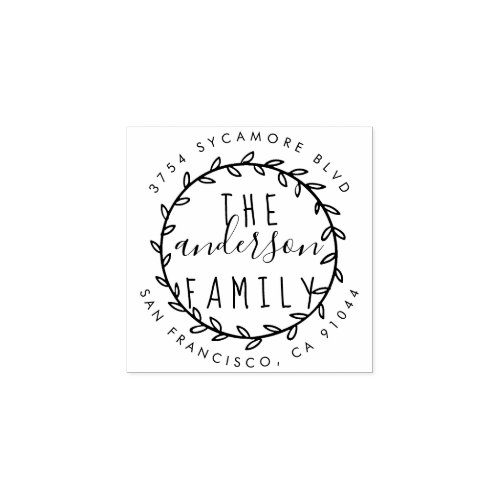 Family Name Rustic Script  Wreath Return Address Rubber Stamp