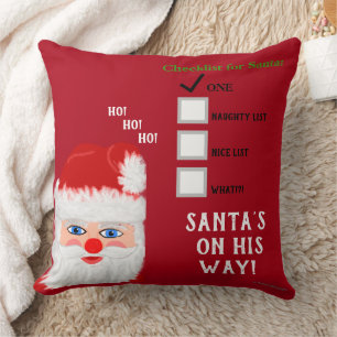Family Name Santa's Naughty Nice List Red Throw Pillow
