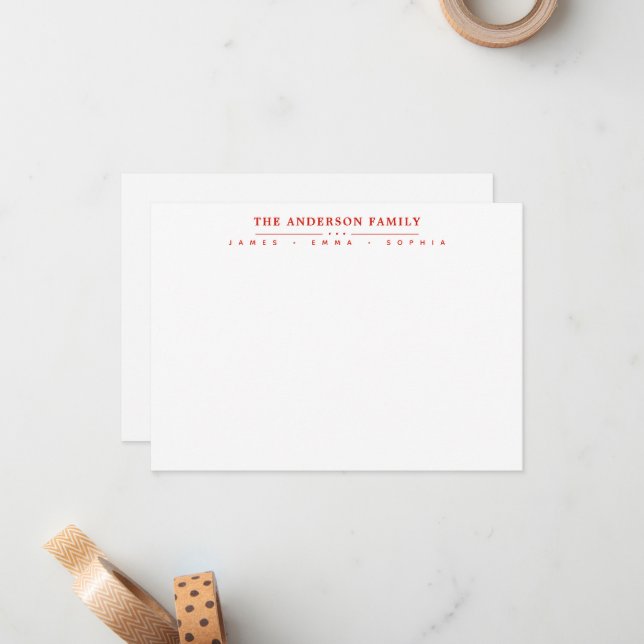 Family Name Script Candy Red Typography Font Note Card (Front/Back In Situ)