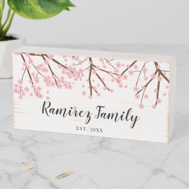 Family Name Script Cherry Blossoms Pink Custom  Wooden Box Sign (In Situ Horizontal)