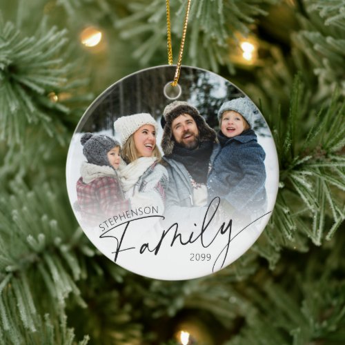 Family Name Script Overlay 2 Photos Ceramic Ornament