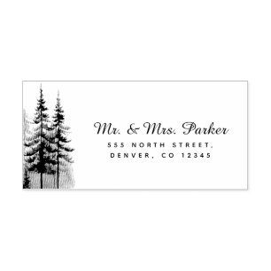 Family name script pine trees return address self-inking stamp