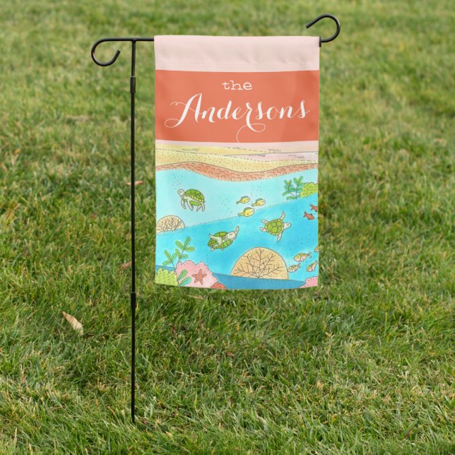 Family Name Sea Turtle Art Summer Garden Flag (In SItu)