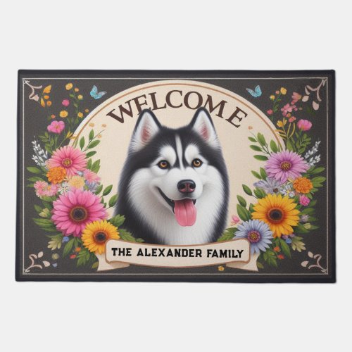 Family Name Siberian Husky Dog Flowers Welcome Doormat