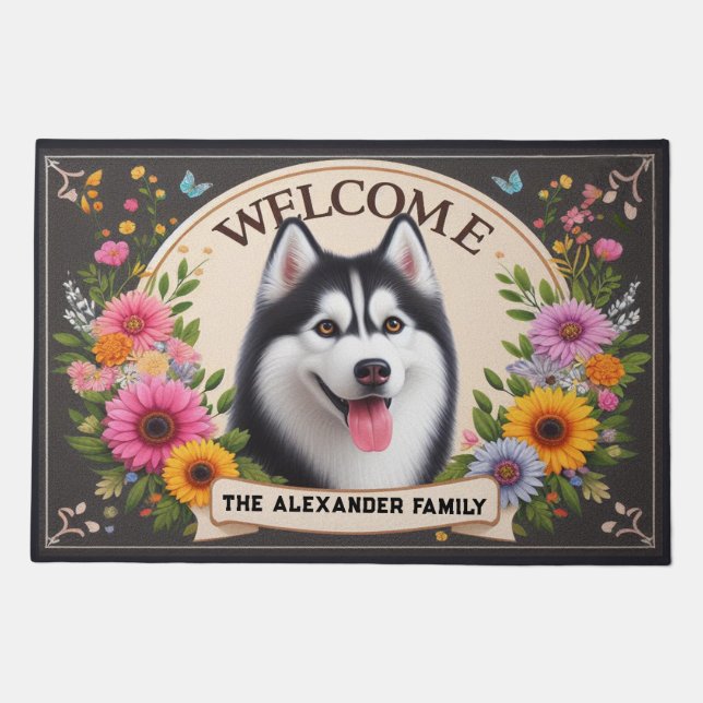 Family Name Siberian Husky Dog Flowers Welcome Doormat (Front)