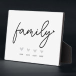 Family Name Sign with Hearts Plaque<br><div class="desc">Celebrate the ones who matter most with this beautifully modern family tabletop plaque. Featuring the elegant script word “family” and four customizable name spaces beneath charming heart icons, this piece adds a warm, personal touch to any room. Perfect for desks, shelves, mantels, or entryway tables, it's a heartfelt gift for...</div>