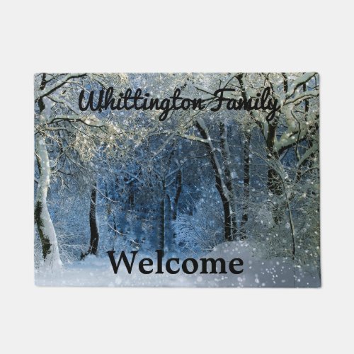 Family Name Snowy Forest Sunshine Welcome Door Mat