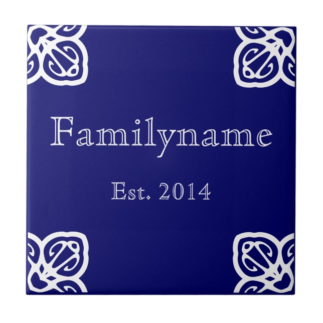 Family Name - Spanish White on Blue Ceramic Tile (Front)