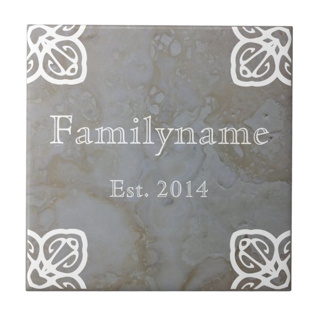 Family Name - Spanish White on Travertine Ceramic Tile (Front)