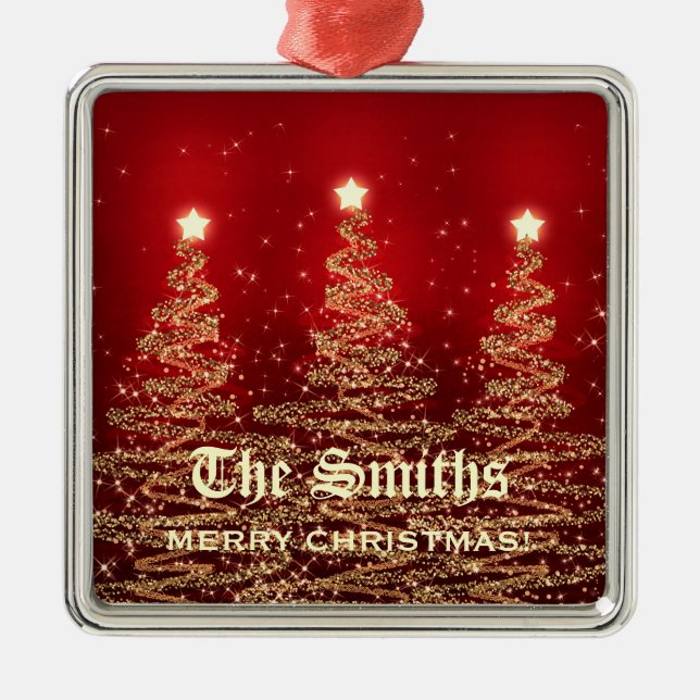 Family Name Sparkling Christmas Trees Red Metal Ornament (Front)