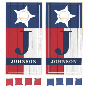 Family Name Star Texas Flag Wood Monogram Cornhole Set
