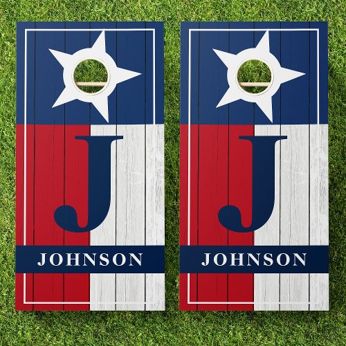 Family Name Star Texas Flag Wood Monogram Cornhole Set