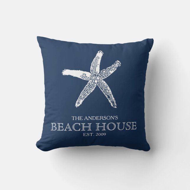 Family Name Starfish Navy Blue Beach House Throw Pillow (Front)