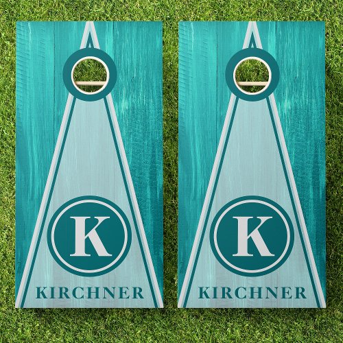 Family Name Teal Wood Triangle Stripes Monogram Cornhole Set