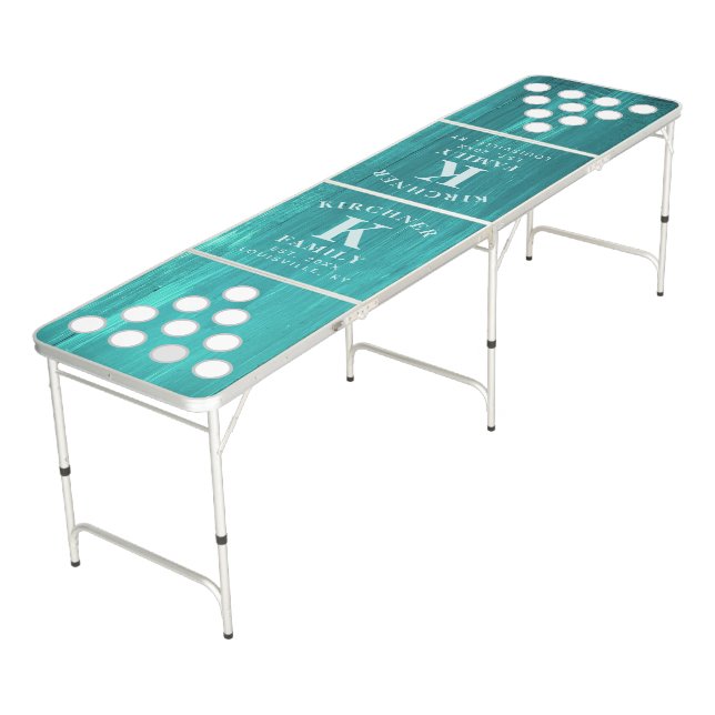 Family Name Teal Wood Year Established Monogram Beer Pong Table (Angled)