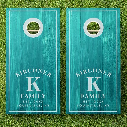 Family Name Teal Wood Year Established Monogram Cornhole Set