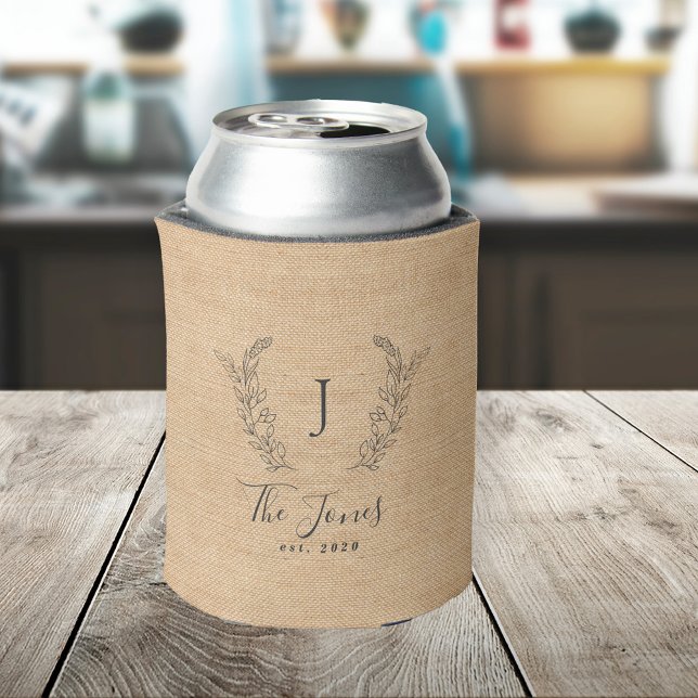 Family name template monogram rustic burlap can cooler (Creator Uploaded)