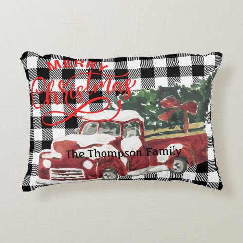 Family name traditional buffalo plaid red truck accent pillow