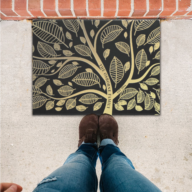  Family Name Tree Black Gold Leaves Genealogy   Doormat